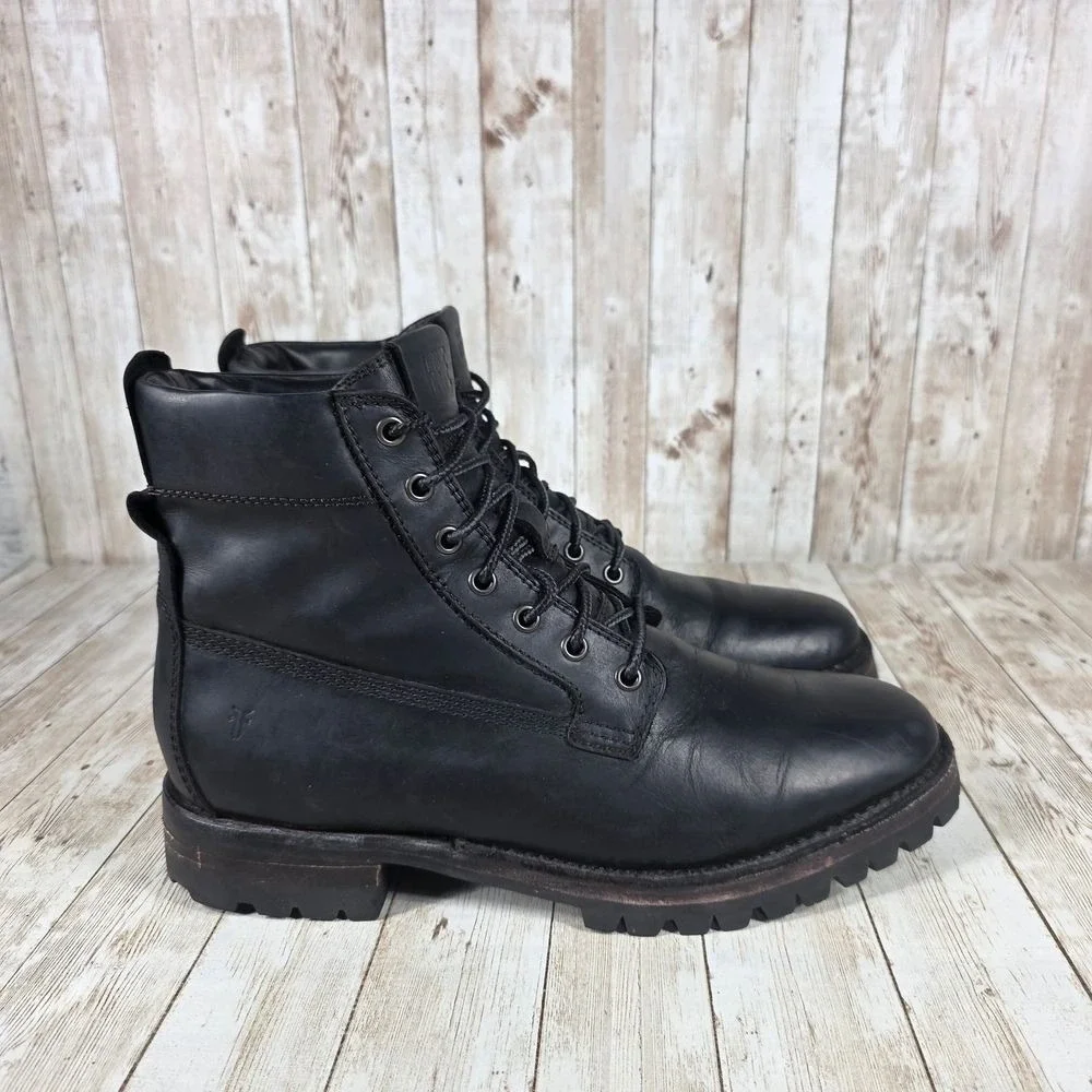 FRYE Mens Black Leather Combat Boots Rugged Lug Sole Military Work Boots 9.5